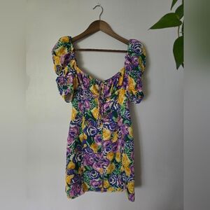 Zara Floral Puff Sleeve Floral Mini Dress Low Cut Short Sleeves Size Small S